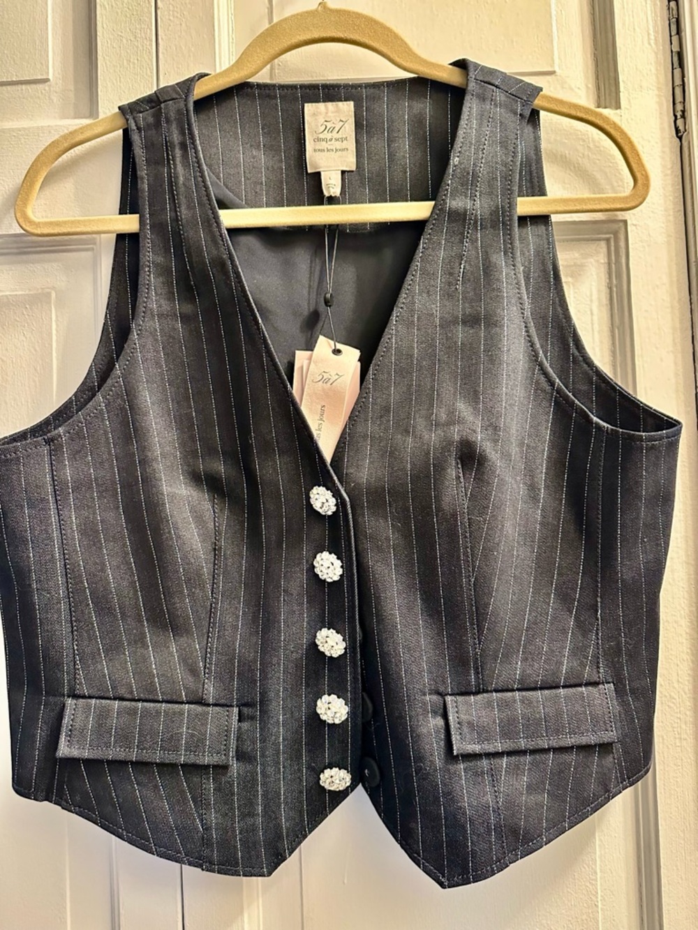 Cinq a sept Sleeveless Pinstripe Vest with Decorative Buttons